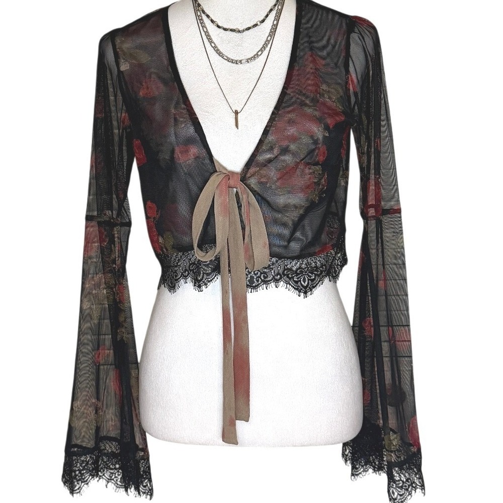 Free People Kylie Tie Top Bell Sleeves Forest Fairy Sheer Floral Mesh Crop XS